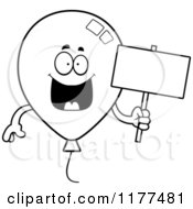 Cartoon Of A Black And White Happy Party Balloon Mascot Holding A Sign Royalty Free Vector Clipart