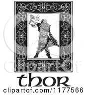 Poster, Art Print Of The Norse God Thor With A Hammer In A Celtic Frame Over Text Black And White Woodcut