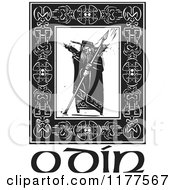 Clipart Of The Norse God Odin With Crows And A Spear In A Celtic Frame Over Text Black And White Woodcut Royalty Free Vector Illustration