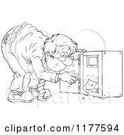 Cartoon Of An Outlined Stressed Man Discovering That His Vault Has Been Emptied Royalty Free Vector Clipart