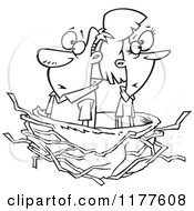 Cartoon Of An Outlined An Outlined Middle Aged Couple In An Empty Nest Royalty Free Vector Clipart