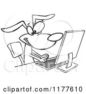 Cartoon Of An Outlined An Outlined Happy Dog Typing At A Computer Royalty Free Vector Clipart