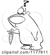Cartoon Of An Outlined An Outlined Confused Bear Holding A Carrot Royalty Free Vector Clipart