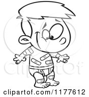 Cartoon Of An Outlined An Outlined Happy Boy Covered In Boo Boo Bandages Royalty Free Vector Clipart