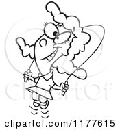 Cartoon Of An Outlined An Outlined Happy Girl Skipping Rope Royalty Free Vector Clipart