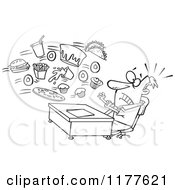 Cartoon Of An Outlined An Outlined Businessman Being Bombarded With Junk Food At The Office Royalty Free Vector Clipart