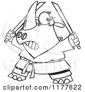 Cartoon Of An Outlined An Outlined Ninja Rhino Holding Swords Royalty Free Vector Clipart