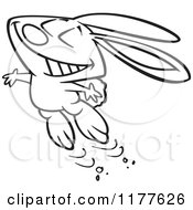 Cartoon Of An Outlined An Outlined Happy Bunny Jumping With Glee Royalty Free Vector Clipart