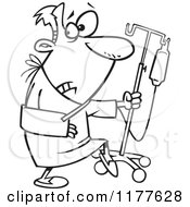 Cartoon Of An Outlined An Outlined Man Trying To Escape The Hospital Royalty Free Vector Clipart