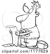 Cartoon Of An Outlined An Outlined Man Going Over A Long Honey Do List But Wanting To Play Football Royalty Free Vector Clipart