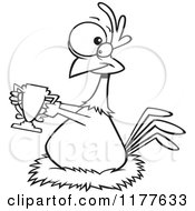 Cartoon Of An Outlined An Outlined Prized Chicken Holding A Trophy Royalty Free Vector Clipart by toonaday
