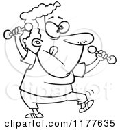 Cartoon Of An Outlined An Outlined Fit Granny Doing Zumba With Dumbbells Royalty Free Vector Clipart