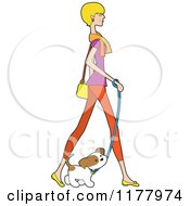 Cartoon Of A Stylish Blond Woman Walking With Her Puppy Royalty Free Vector Clipart