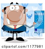 Cartoon Of An African American Businessman Holding A Euro Bill Over Blue Royalty Free Vector Clipart
