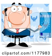 Cartoon Of A Caucasian Businessman Holding A Euro Bill Over Blue Royalty Free Vector Clipart