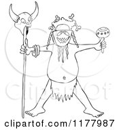 Poster, Art Print Of Outlined Tribal Head Hunter Man Holding A Maraca And A Skull On A Stick