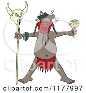 Tribal Head Hunter Man Holding A Maraca And A Skull On A Stick