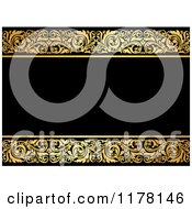 Clipart Of A Black Background With Golden Floral Borders Royalty Free Vector Illustration