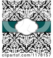 Clipart Of A Green Ribbon And White Frame Over Black And White Damask Royalty Free Vector Illustration