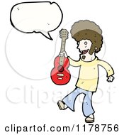 Cartoon Of A Man Holding A Guitar With A Conversation Bubble Royalty Free Vector Illustration by lineartestpilot