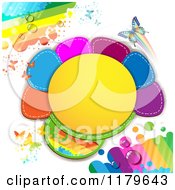 Clipart Of A Spring Time Dewy Rainbow Butterfly And Colorful Frame Background Royalty Free Vector Illustration