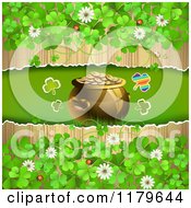 Poster, Art Print Of Torn Wood Background With Clovers Flowers Around A Leprechauns Pot Of Gold