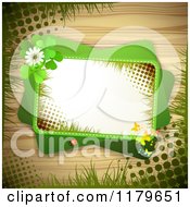 Poster, Art Print Of Green Rectangles With Butterflies A Ladybug Clover Flowers And Shamrocks Over Wood With Grass And Grunge 2