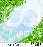 Poster, Art Print Of Blue Sparkle Background With Shamrocks Flowers And Ladybugs On The Corners