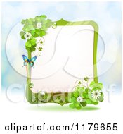 Poster, Art Print Of Butterfly Shamrock And Clover Flower Frame Over Blue Sparkles
