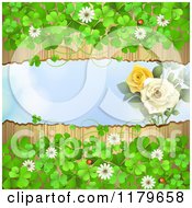 Poster, Art Print Of Torn Wood Background With Roses Clovers Flowers And Ladybugs