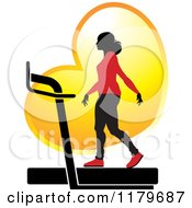 Poster, Art Print Of Silhouetted Woman In A Red Outfit Walking On A Treadmill Over A Golden Heart