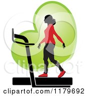 Poster, Art Print Of Silhouetted Woman In A Red Outfit Walking On A Treadmill Over A Green Heart