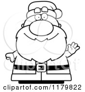 Cartoon Of A Black And White Waving Chubby Santa Royalty Free Vector Clipart