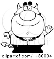 Cartoon Of A Black And White Waving Chubby Devil Royalty Free Vector Clipart