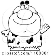 Cartoon Of A Black And White Waving Chubby Caveman Royalty Free Vector Clipart