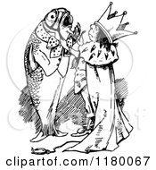 Clipart Of A Retro Vintage Black And White King Dancing With A Fish Royalty Free Vector Illustration