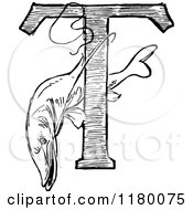 Clipart Of A Black And White Fish And Letter T Royalty Free Vector Illustration