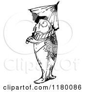 Clipart Of A Black And White Gentleman Fish With An Umbrella Royalty Free Vector Illustration