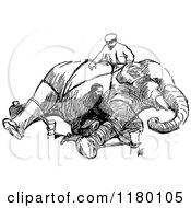 Clipart Of Retro Vintage Black And White Men Tying Up An Elephant Royalty Free Vector Illustration