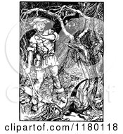 Clipart Of A Retro Vintage Black And White Scared Woodcutter And Tree Ent Royalty Free Vector Illustration