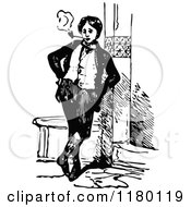 Clipart Of A Retro Vintage Black And White Man Leaning And Smoking Royalty Free Vector Illustration