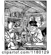 Clipart Of A Retro Vintage Black And White Grumpy Man At An Inn Royalty Free Vector Illustration