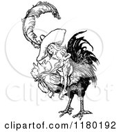 Clipart Of A Retro Vintage Black And White Boy Riding A Rooster Royalty Free Vector Illustration