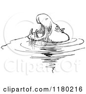 Clipart Of A Black And White Sketched Wading Hippo Royalty Free Vector Illustration by Prawny Vintage