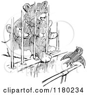 Clipart Of Retro Vintage Black And White Caged Lion Cubs And A Bird Royalty Free Vector Illustration