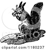 Clipart Of A Retro Vintage Black And White Squirrel Eating Royalty Free Vector Illustration
