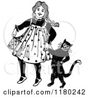 Poster, Art Print Of Retro Vintage Black And White Girl Walking With Her Cat