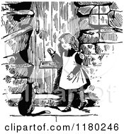 Poster, Art Print Of Retro Vintage Black And White Girl And Cat At A Door