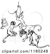 Clipart Of A Retro Vintage Black And White Group Of Monkeys Royalty Free Vector Illustration
