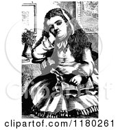 Clipart Of A Retro Vintage Black And White Girl Sitting With A Book Royalty Free Vector Illustration